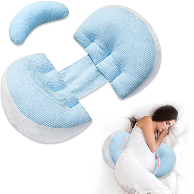 Adjustable Pregnancy Pillow with Velcro Design – Side Sleeping Support for Back, Belly, Hips & Legs, Travel-Friendly Maternity Pillow with Bonus Auxiliary Pillow(Blue).