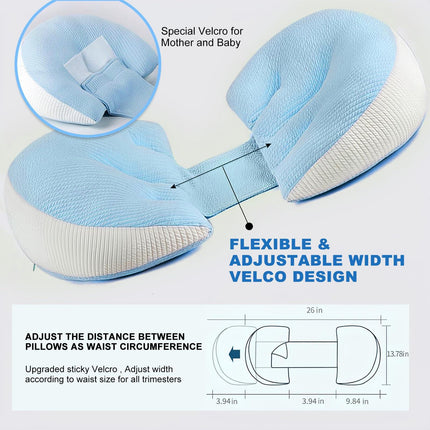 Adjustable Pregnancy Pillow with Velcro Design – Side Sleeping Support for Back, Belly, Hips & Legs, Travel-Friendly Maternity Pillow with Bonus Auxiliary Pillow(Blue).