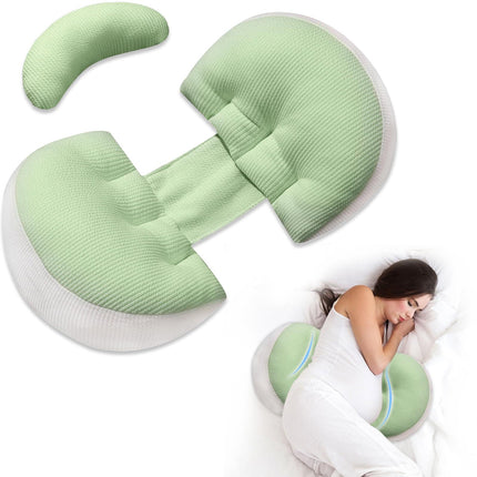 Adjustable Pregnancy Pillow with Velcro Design – Side Sleeping Support for Back, Belly, Hips & Legs, Travel-Friendly Maternity Pillow with Bonus Auxiliary Pillow(Green).