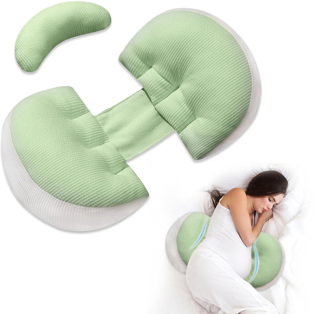 Adjustable Pregnancy Pillow with Velcro Design – Side Sleeping Support for Back, Belly, Hips & Legs, Travel-Friendly Maternity Pillow with Bonus Auxiliary Pillow(Green).