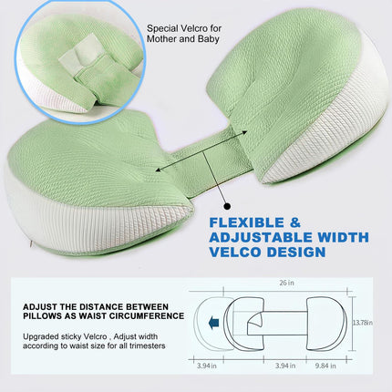 Adjustable Pregnancy Pillow with Velcro Design – Side Sleeping Support for Back, Belly, Hips & Legs, Travel-Friendly Maternity Pillow with Bonus Auxiliary Pillow(Green).