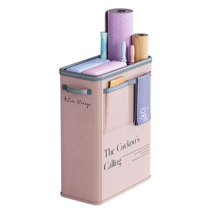 Large Capacity Foldable Yoga Mat Storage Basket – Waterproof Fabric Organizer for Gym Equipment, Dumbbells, Foam Rollers, and Mats with Side Pockets and Handle (Pink).