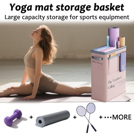 Large Capacity Foldable Yoga Mat Storage Basket – Waterproof Fabric Organizer for Gym Equipment, Dumbbells, Foam Rollers, and Mats with Side Pockets and Handle (Pink).