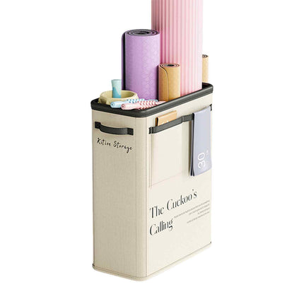 Large Capacity Foldable Yoga Mat Storage Basket – Waterproof Fabric Organizer for Gym Equipment, Dumbbells, Foam Rollers, and Mats with Side Pockets and Handle (Beige).