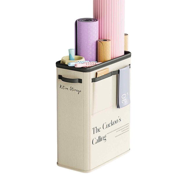 Large Capacity Foldable Yoga Mat Storage Basket – Waterproof Fabric Organizer for Gym Equipment, Dumbbells, Foam Rollers, and Mats with Side Pockets and Handle (Beige).