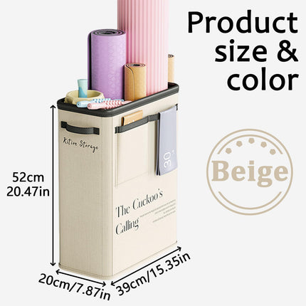 Large Capacity Foldable Yoga Mat Storage Basket – Waterproof Fabric Organizer for Gym Equipment, Dumbbells, Foam Rollers, and Mats with Side Pockets and Handle (Beige).