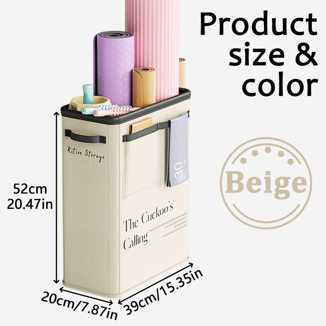 Large Capacity Foldable Yoga Mat Storage Basket – Waterproof Fabric Organizer for Gym Equipment, Dumbbells, Foam Rollers, and Mats with Side Pockets and Handle (Beige).