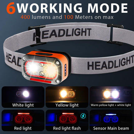 Rechargeable LED Headlamp with Motion Sensor & 6 Lighting Modes – Ultra-Bright Waterproof Headlight for Running, Camping, Hiking, Fishing, and Night Work (Grey).