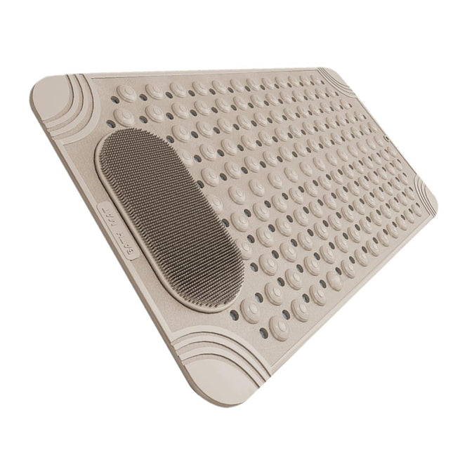 Non-Slip Bath Mat with Foot Scrubber – 120 x 80 cm, Anti-Skid Suction Cups & Drain Holes, Waterproof Shower Floor Pad with Exfoliating Brush(Grey).