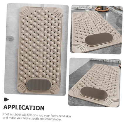 Non-Slip Bath Mat with Foot Scrubber – 90 x 60 cm, Anti-Skid Suction Cups & Drain Holes, Waterproof Shower Floor Pad with Exfoliating Brush(Grey).
