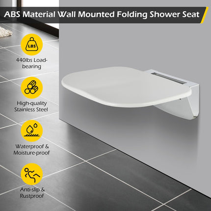 Wall Mounted Folding Shower Seat 440 lbs Load-Bearing – ABS Material Bathroom Stool with Stainless Steel Frame, Foldable 90° for Sauna, Hospital, Home Use (White).