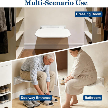 Wall Mounted Folding Shower Seat 440 lbs Load-Bearing – ABS Material Bathroom Stool with Stainless Steel Frame, Foldable 90° for Sauna, Hospital, Home Use (White).