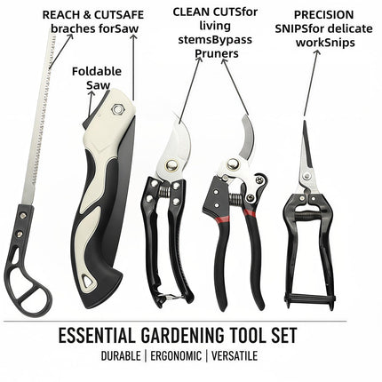 Heavy-Duty 5-Piece Gardening Tool Set – 3 Pruning Shears & 2 Folding Saws, Stainless Steel Blades, Ergonomic Handles, Compact Storage – Ideal for Trees, Shrubs, Camping, and Gift-Giving.