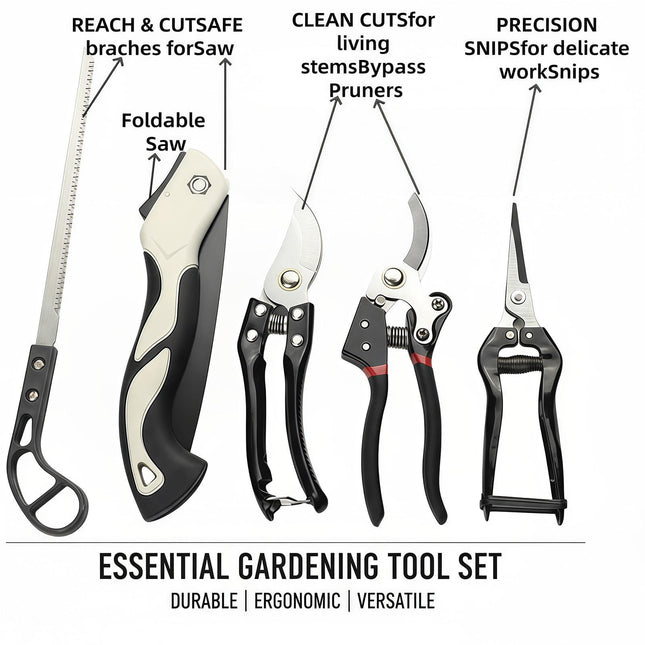 Heavy-Duty 5-Piece Gardening Tool Set – 3 Pruning Shears & 2 Folding Saws, Stainless Steel Blades, Ergonomic Handles, Compact Storage – Ideal for Trees, Shrubs, Camping, and Gift-Giving.