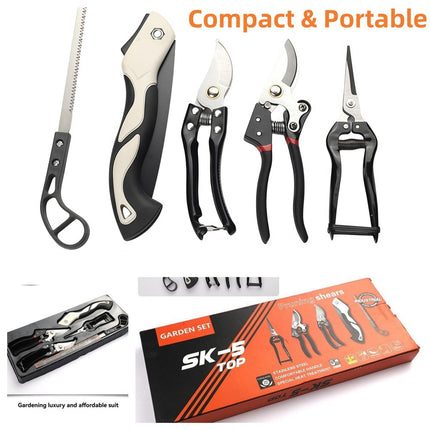 Heavy-Duty 5-Piece Gardening Tool Set – 3 Pruning Shears & 2 Folding Saws, Stainless Steel Blades, Ergonomic Handles, Compact Storage – Ideal for Trees, Shrubs, Camping, and Gift-Giving.