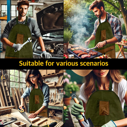 Heavy-Duty Canvas Garden Apron with Pockets & Adjustable Straps – Waterproof Long Apron for Outdoor Work, Farming, BBQ, and Gardening (Green).