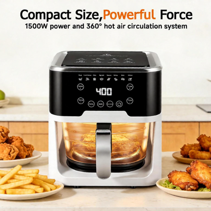 6.0QT Glass Air Fryer with Touchscreen Control – 1500W, Power-Off & Overheat Protection, Adjustable Time & Temperature, 360° Air Circulation, Dishwasher Safe & Easy Clean(white)