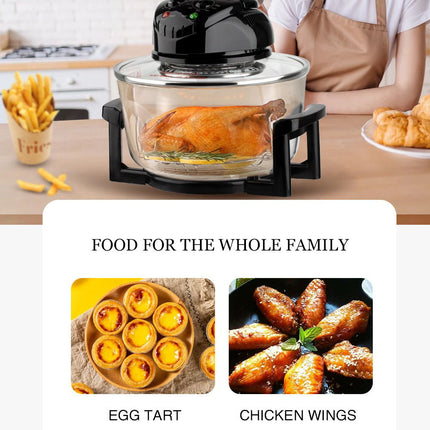 12L 8-in-1 Electric Air Fryer with 360° Panoramic Glass Bowl, 1200W Low-Fat Multi-Purpose Cooker for Roast Chicken, Pizza, and Family Meals.(black)