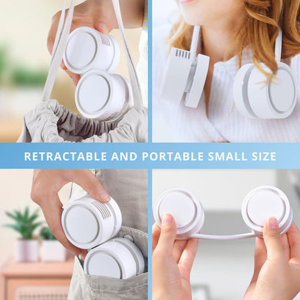 Portable Neck Fan with 1600mAh Battery – Foldable Bladeless Fan for Outdoor, Travel & Gym Use – 3-Speed Adjustable Cooling, USB-C Charging (White).