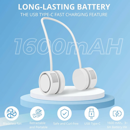 Portable Neck Fan with 1600mAh Battery – Foldable Bladeless Fan for Outdoor, Travel & Gym Use – 3-Speed Adjustable Cooling, USB-C Charging (White).