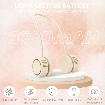 Portable Neck Fan with 1600mAh Battery – Foldable Bladeless Fan for Outdoor, Travel & Gym Use – 3-Speed Adjustable Cooling, USB-C Charging (Apricot).