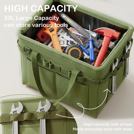 Heavy-Duty Foldable Tool Bag with Side Pockets – Multi-Compartment Oxford Carry Organizer for Tradesmen, DIYers & Outdoor Use (Green).