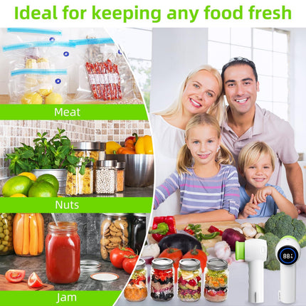 Green Electric Vacuum Sealer Kit – Portable Mason Jar & Bag Sealing Machine with Digital Display, USB Rechargeable, One-Touch Operation | Ideal for Home, Camping, Travel.