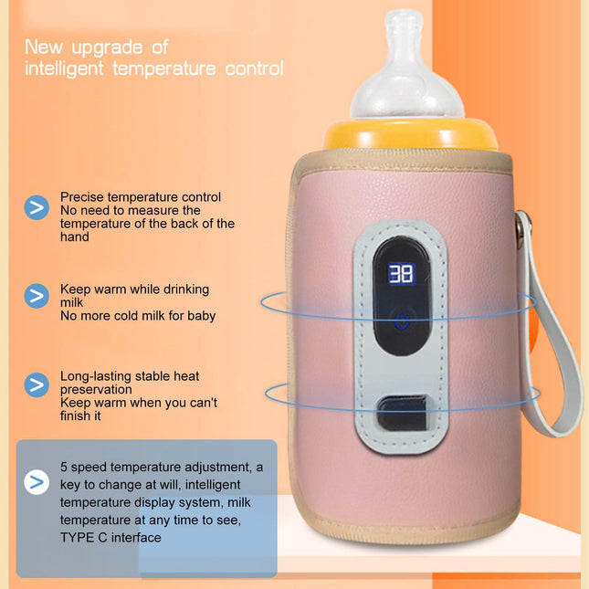 USB Baby Bottle Warmer – Portable Digital Milk Heater with 5-Temperature Settings, Rechargeable and Waterproof for Travel and Home Use (Pink).