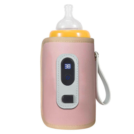 USB Baby Bottle Warmer – Portable Digital Milk Heater with 5-Temperature Settings, Rechargeable and Waterproof for Travel and Home Use (Pink).