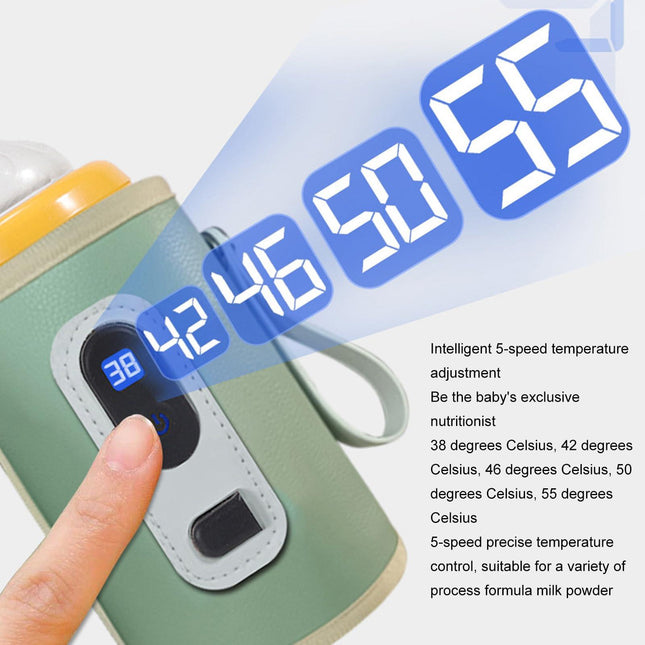 USB Baby Bottle Warmer – Portable Digital Milk Heater with 5-Temperature Settings, Rechargeable and Waterproof for Travel and Home Use (Green).