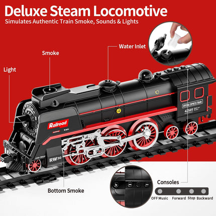 Model Train Set, Remote Control Train Toys with 3Way Smoke Locomotive, 5 Train Cars, Luxury Track Kit, Authentic Train Sounds & Lights, Rechargeable Battery, Top Present for Train Lovers (Black).