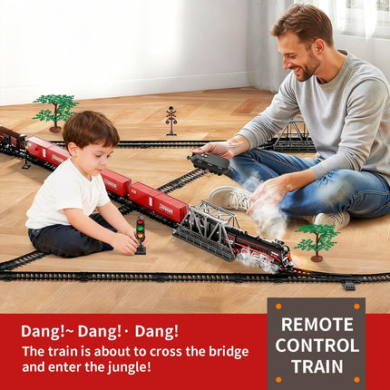 Model Train Set, Remote Control Train Toys with 3Way Smoke Locomotive, 5 Train Cars, Luxury Track Kit, Authentic Train Sounds & Lights, Rechargeable Battery, Top Present for Train Lovers (Black).