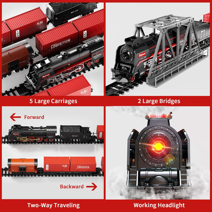 Model Train Set, Remote Control Train Toys with 3Way Smoke Locomotive, 5 Train Cars, Luxury Track Kit, Authentic Train Sounds & Lights, Rechargeable Battery, Top Present for Train Lovers (Black).