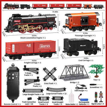 Model Train Set, Remote Control Train Toys with 3Way Smoke Locomotive, 5 Train Cars, Luxury Track Kit, Authentic Train Sounds & Lights, Rechargeable Battery, Top Present for Train Lovers (Black).