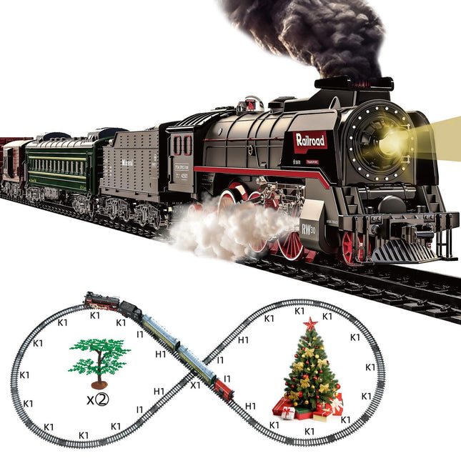 Train Set for Kids, Electric Train Toys with Realistic Light Sounds Smoke, Christmas Train Model Gifts for Toddlers Boys Girls, Steam Locomotive, Luxury Track & 2 Glowing Passenger Carriages (Black).