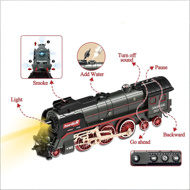 Train Set for Kids, Electric Train Toys with Realistic Light Sounds Smoke, Christmas Train Model Gifts for Toddlers Boys Girls, Steam Locomotive, Luxury Track & 2 Glowing Passenger Carriages (Black).