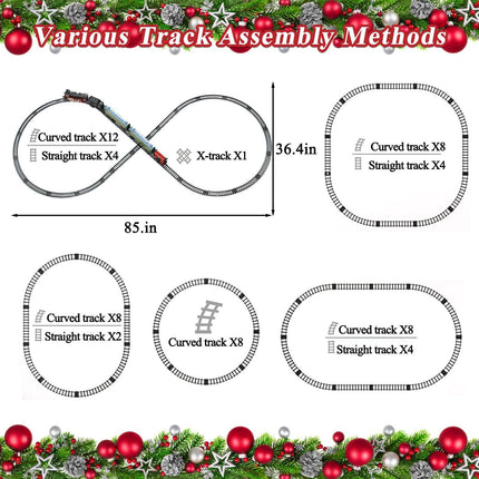 Train Set for Kids, Electric Train Toys with Realistic Light Sounds Smoke, Christmas Train Model Gifts for Toddlers Boys Girls, Steam Locomotive, Luxury Track & 2 Glowing Passenger Carriages (Black).
