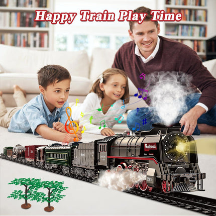 Train Set for Kids, Electric Train Toys with Realistic Light Sounds Smoke, Christmas Train Model Gifts for Toddlers Boys Girls, Steam Locomotive, Luxury Track & 2 Glowing Passenger Carriages (Black).