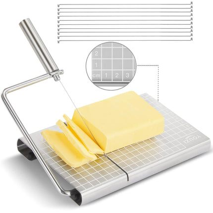 Stainless Steel Cheese Slicer with 10 Replacement Wires – Precision Grid Cutting Board, Ergonomic Handle, Easy to Clean – Ideal for Butter, Cake, Soft Cheese (Silver).