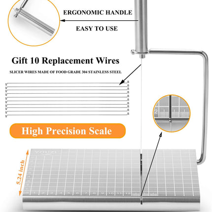 Stainless Steel Cheese Slicer with 10 Replacement Wires – Precision Grid Cutting Board, Ergonomic Handle, Easy to Clean – Ideal for Butter, Cake, Soft Cheese (Silver).