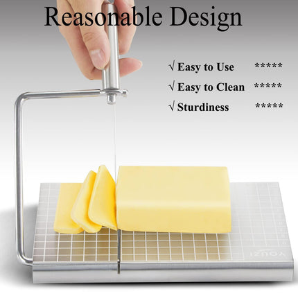 Stainless Steel Cheese Slicer with 10 Replacement Wires – Precision Grid Cutting Board, Ergonomic Handle, Easy to Clean – Ideal for Butter, Cake, Soft Cheese (Silver).