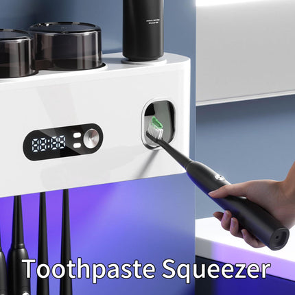 UV Toothbrush Holder with Disinfection & Toothpaste Dispenser – Wall-Mounted Bathroom Organizer with LED Display and 2 Cups.