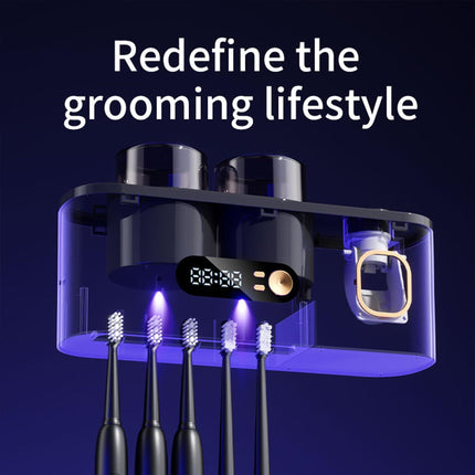 UV Toothbrush Holder with Disinfection & Toothpaste Dispenser – Wall-Mounted Bathroom Organizer with LED Display and 2 Cups.