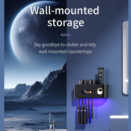UV Toothbrush Holder with Disinfection & Toothpaste Dispenser – Wall-Mounted Bathroom Organizer with LED Display and 2 Cups.