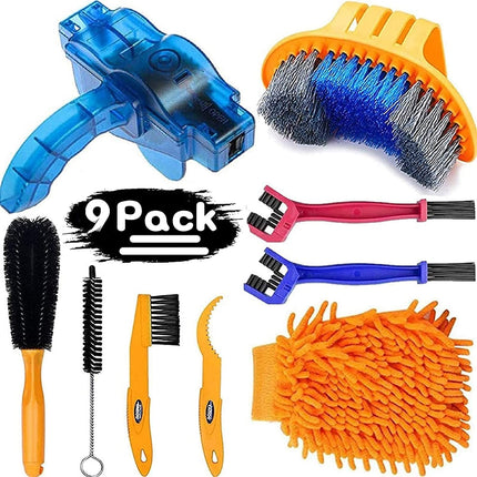 9-Piece Bike Cleaning Kit – Chain Cleaner, Tire Brush, Frame Scrubber, Gear Brush, Microfiber Glove for Mountain, Road, BMX Bikes (Yellow-Orange).