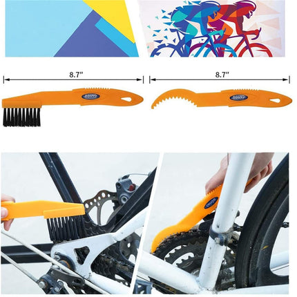 9-Piece Bike Cleaning Kit – Chain Cleaner, Tire Brush, Frame Scrubber, Gear Brush, Microfiber Glove for Mountain, Road, BMX Bikes (Yellow-Orange).