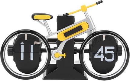 Modern Bicycle Flip Clock – Creative Mechanical Desk Timepiece with Dual Rotating Wheels, Retro Design for Home Office Decor, Compact Size (Yellow).