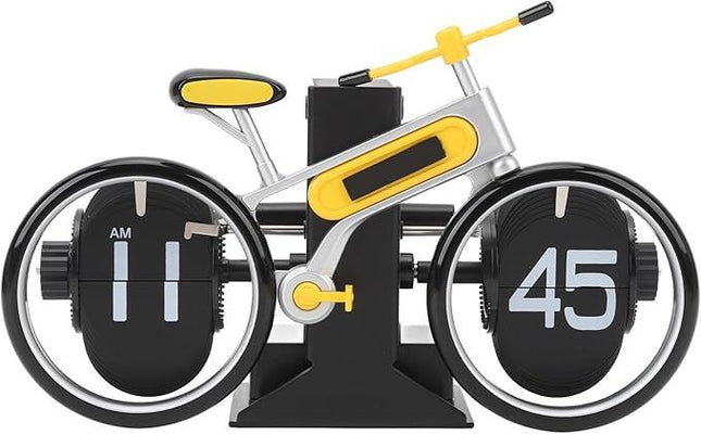 Modern Bicycle Flip Clock – Creative Mechanical Desk Timepiece with Dual Rotating Wheels, Retro Design for Home Office Decor, Compact Size (Yellow).