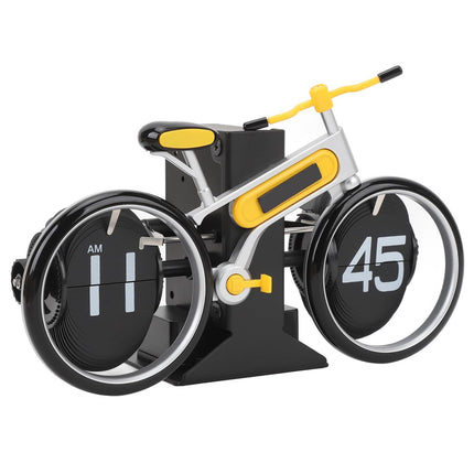 Modern Bicycle Flip Clock – Creative Mechanical Desk Timepiece with Dual Rotating Wheels, Retro Design for Home Office Decor, Compact Size (Yellow).