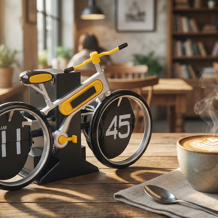 Modern Bicycle Flip Clock – Creative Mechanical Desk Timepiece with Dual Rotating Wheels, Retro Design for Home Office Decor, Compact Size (Yellow).